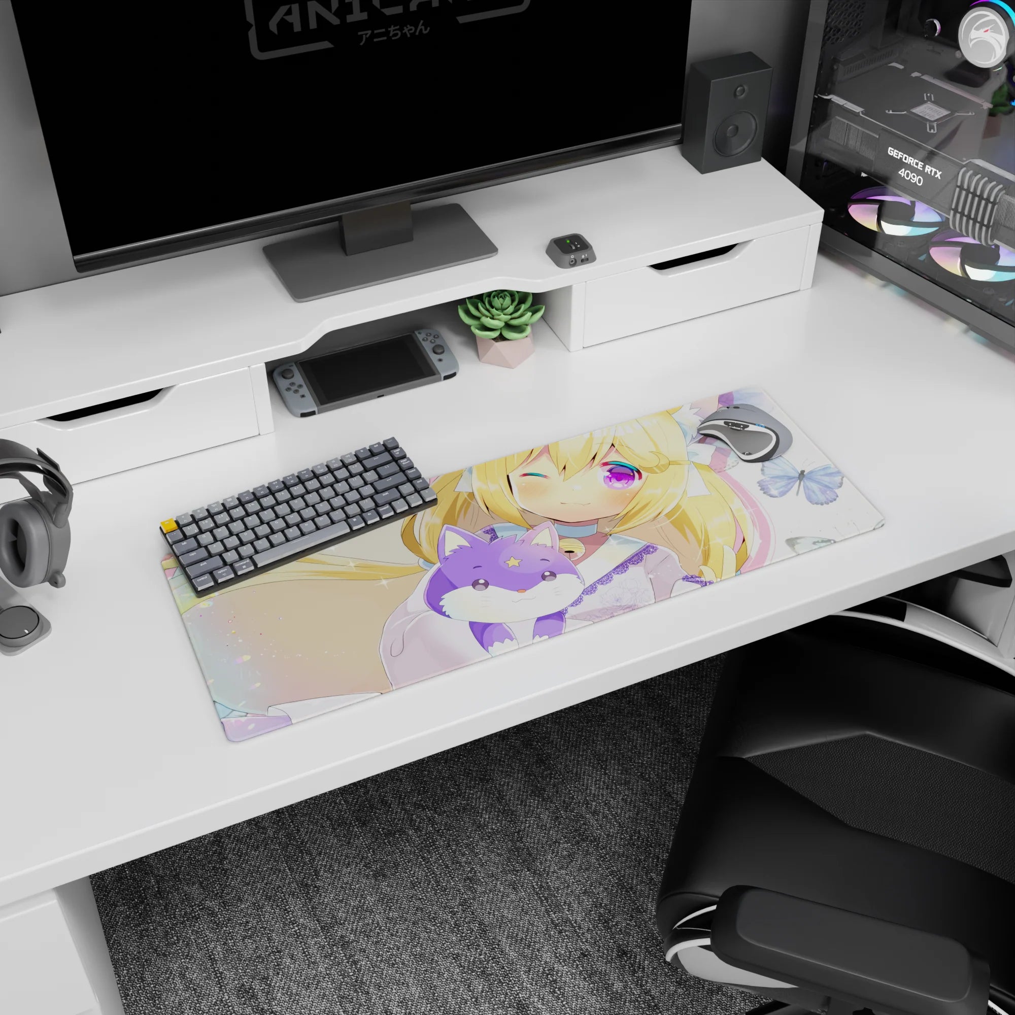 32x12 inches mouse pad showing kitty-eared blonde anime girl cuddling a star-forehead lilac fox plush.