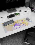 32x12 inches mouse pad showing kitty-eared blonde anime girl cuddling a star-forehead lilac fox plush.