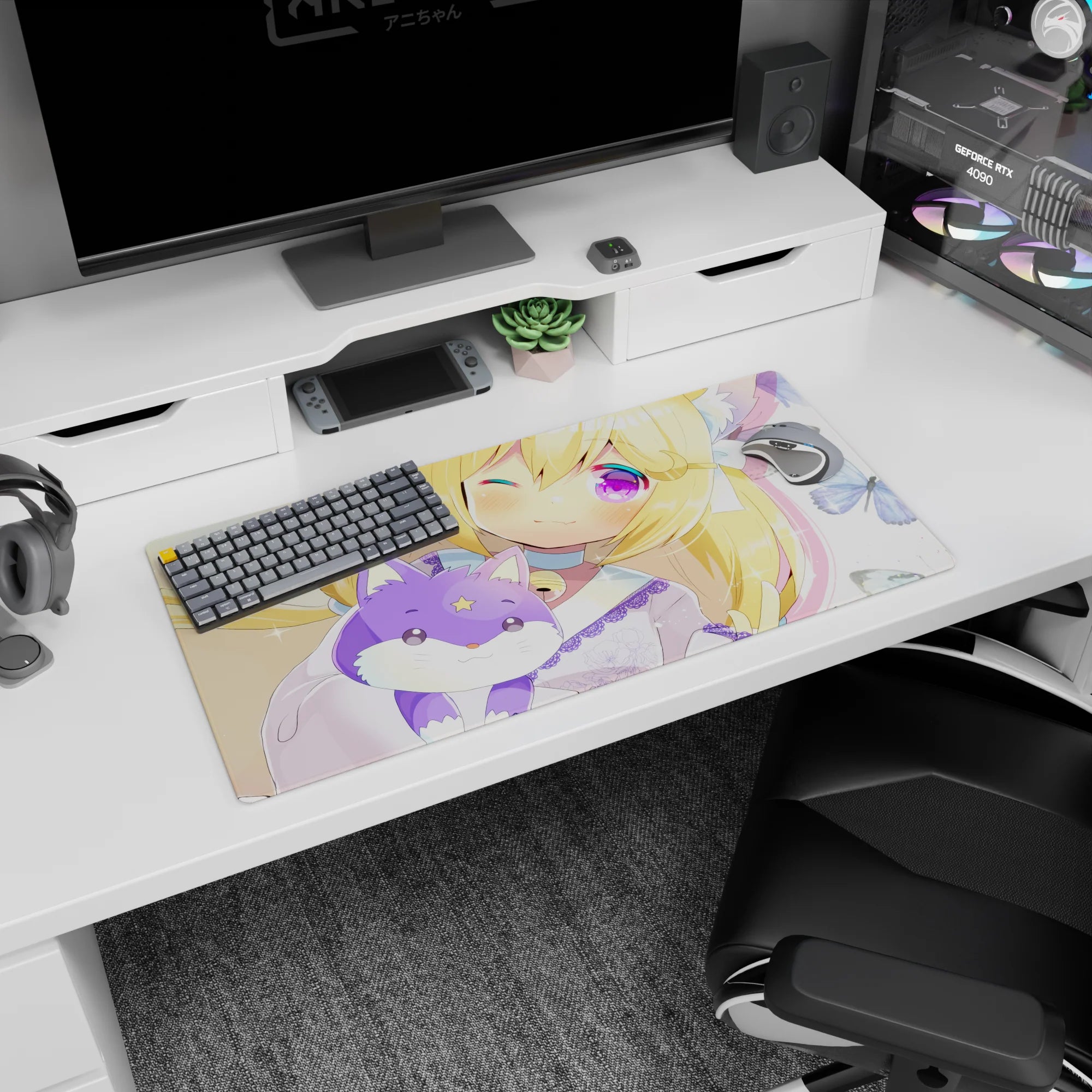 32x16 inches anime desk mat showing kitty-eared blonde girl cuddling a star-forehead lilac fox plush.