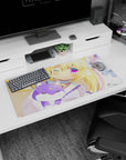 32x16 inches anime desk mat showing kitty-eared blonde girl cuddling a star-forehead lilac fox plush.