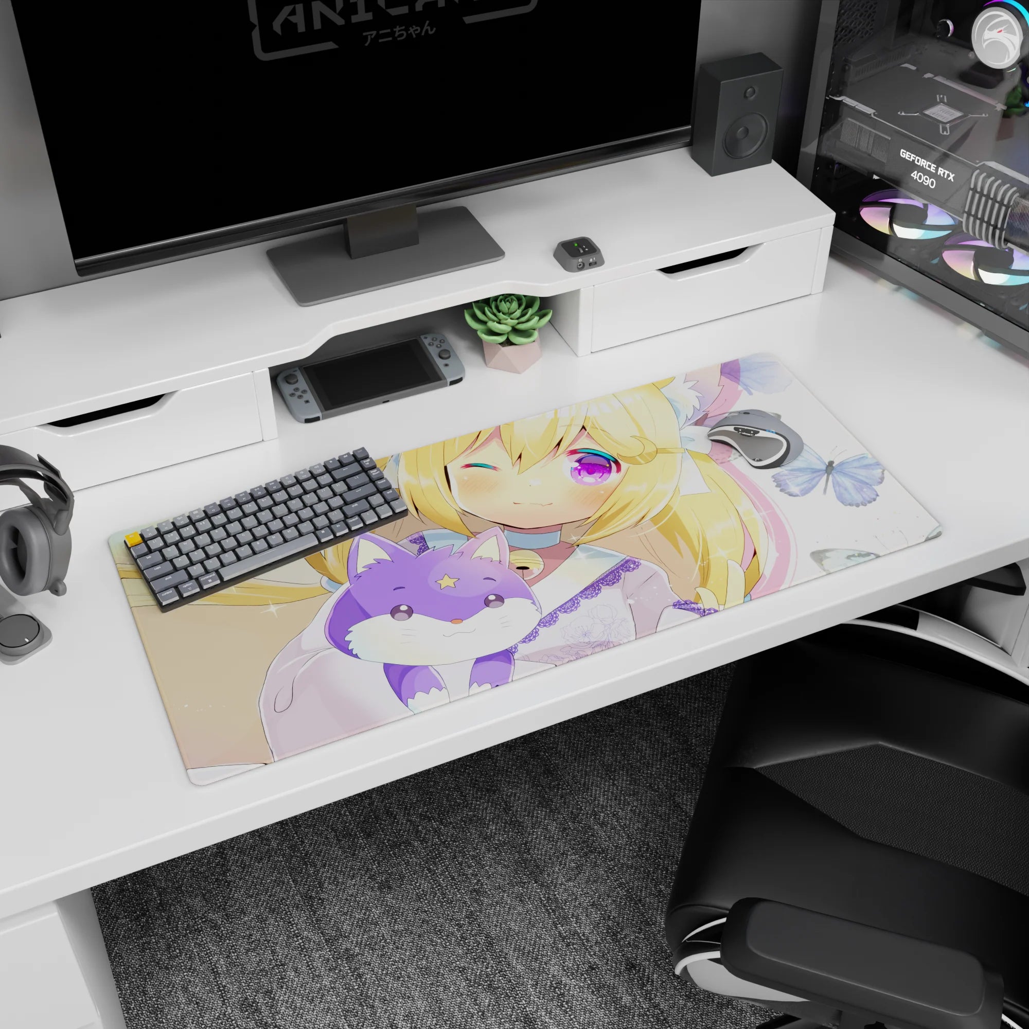 36x16 inches anime desk pad scene: kitty-eared blonde cuddles lilac fox plush with a star, cheeky wink.