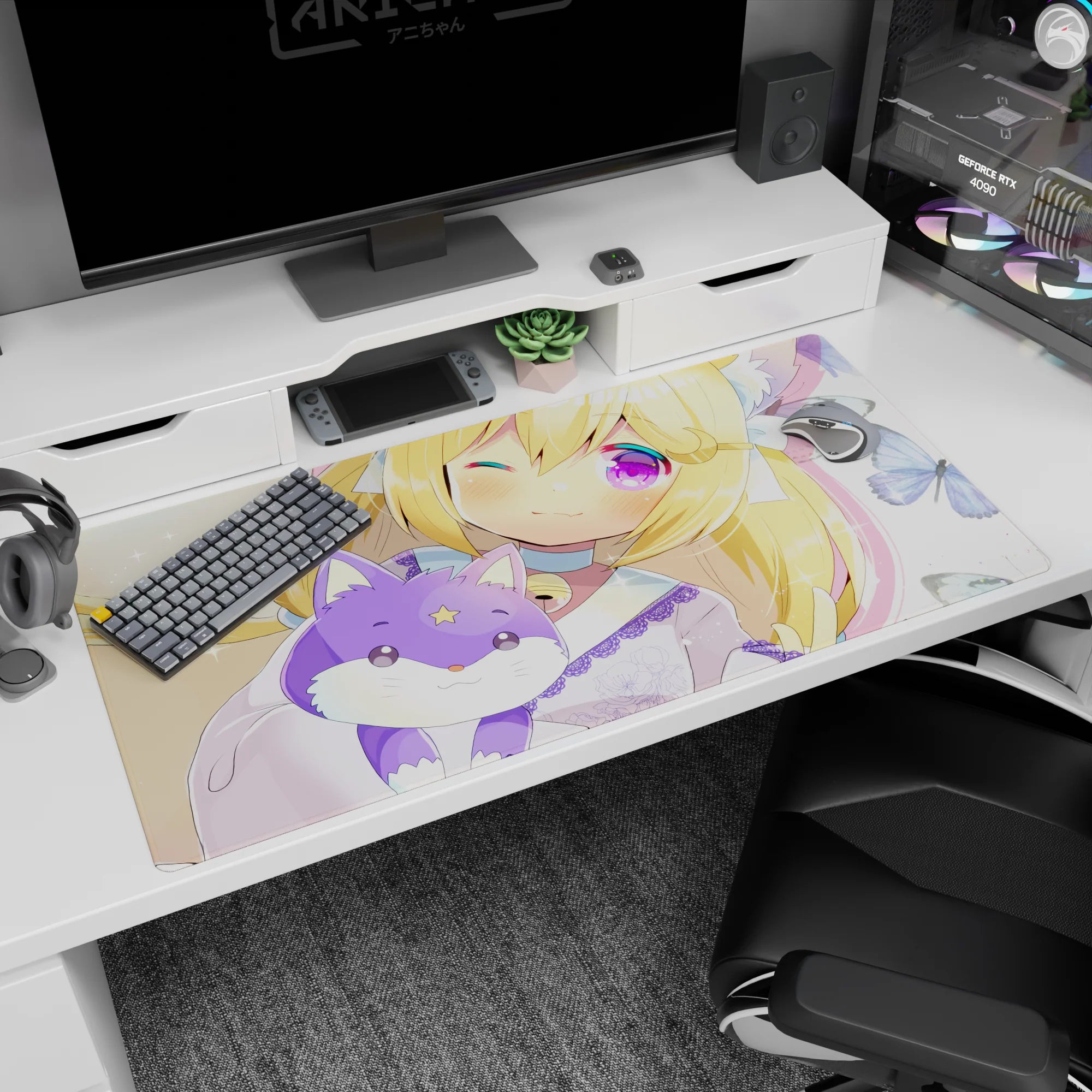 Blonde kitty-eared anime girl hugging a star-forehead lilac fox plush on a 40x20 inches desk pad.