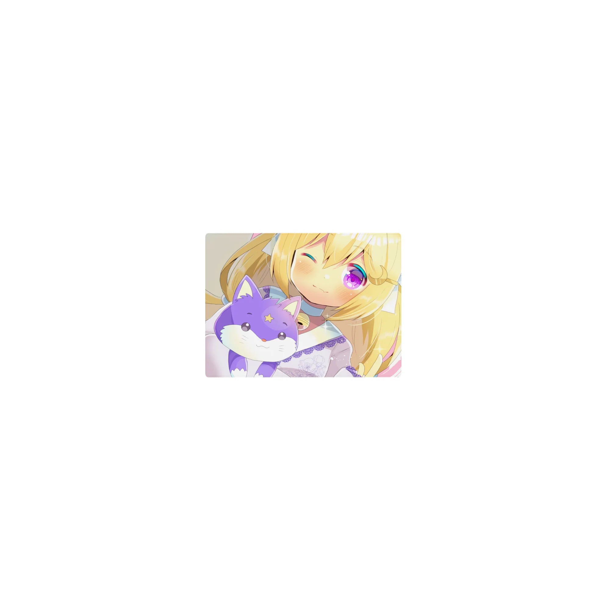 Classic anime girl mouse pad 14x10 inches with blonde cat-ear girl hugging lilac fox plush, sparkles.