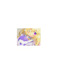 Classic anime girl mouse pad 14x10 inches with blonde cat-ear girl hugging lilac fox plush, sparkles.