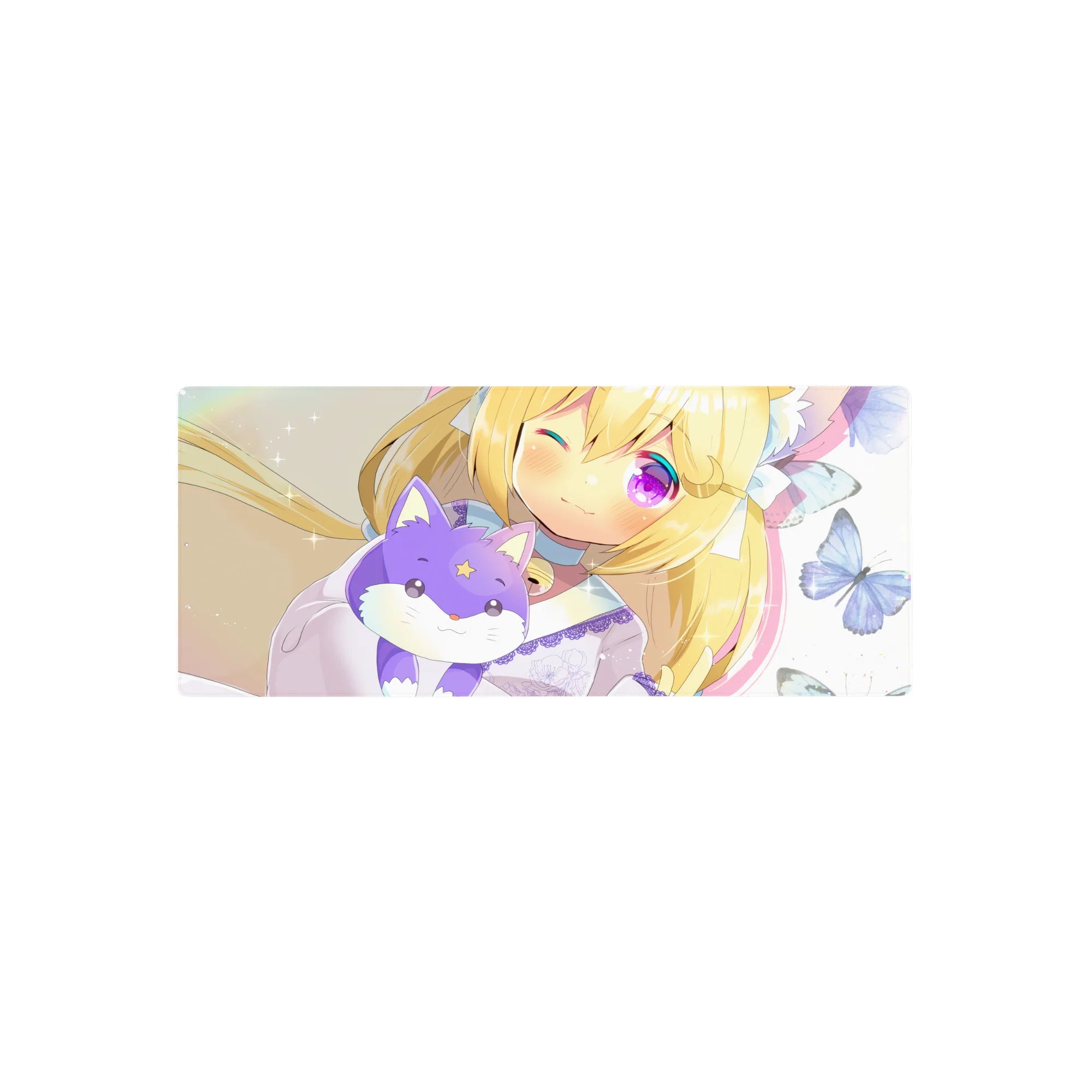 28x12 inches anime girl mouse pad with blonde cat-eared girl hugging lilac fox plush, butterflies and sparkles.