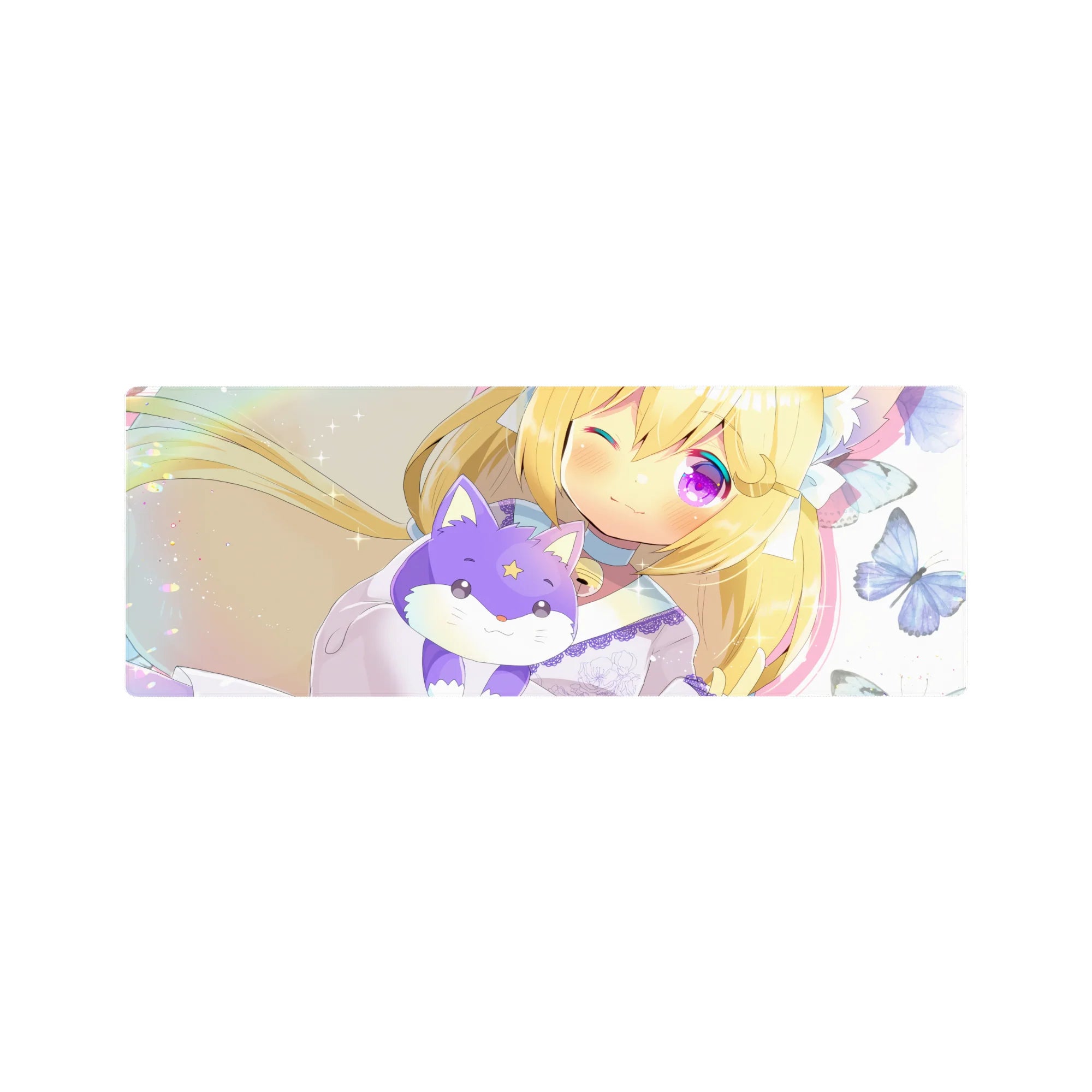 32x12 inches anime girl mouse pad with blonde cat-eared girl hugging lilac fox plush, butterflies sparkle.