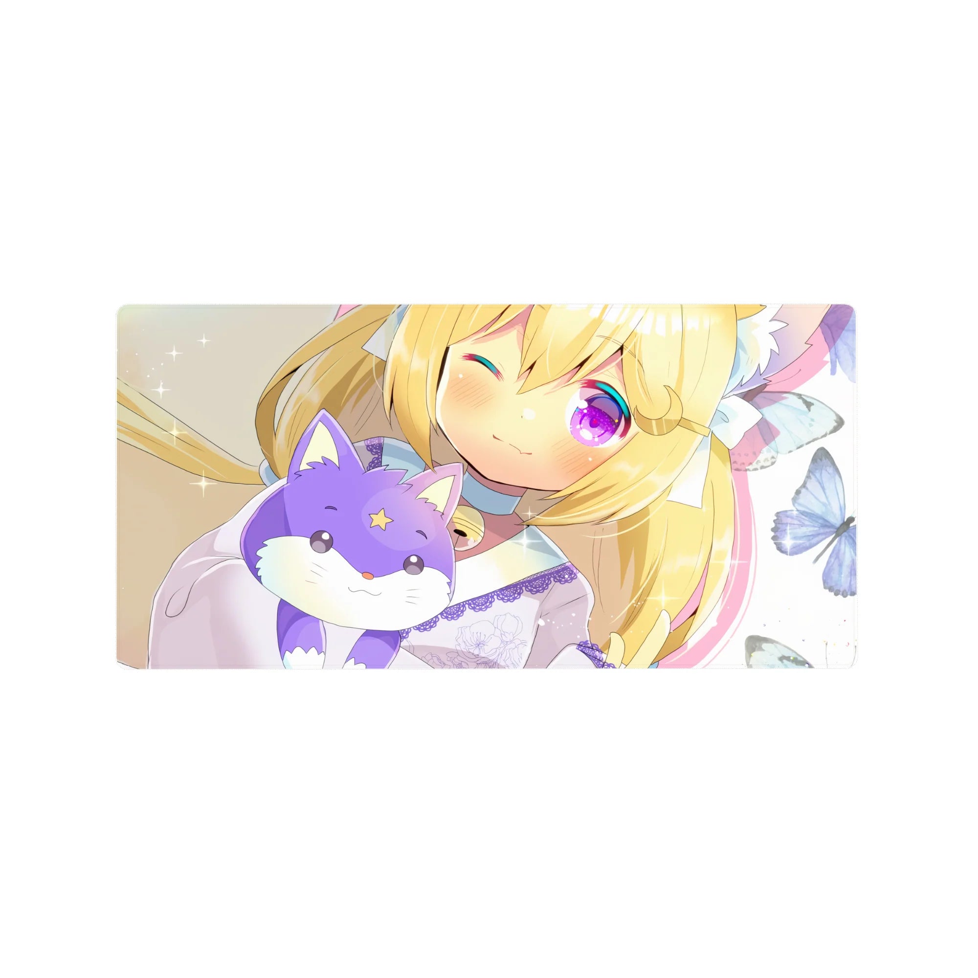 32x16 inches anime girl mouse pad with blonde cat-ear girl hugging lilac fox plush, butterflies, sparkles.