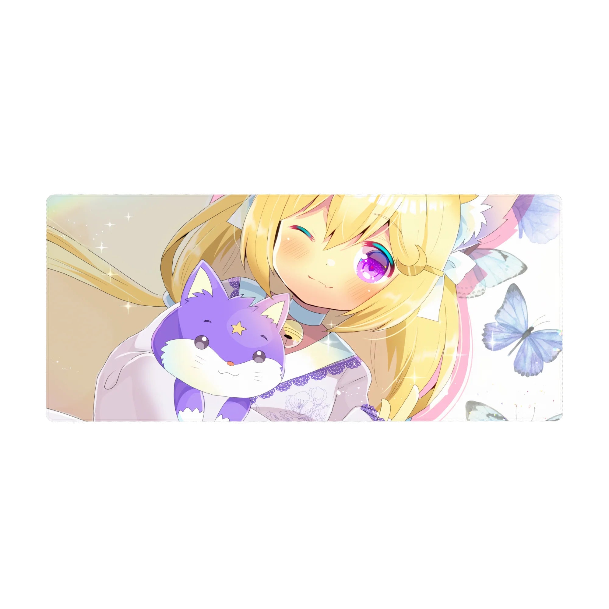 36x16 inches anime girl desk pad with blonde cat-eared girl hugging lilac fox plush, butterflies and sparkles.