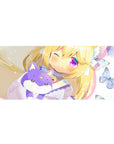 36x16 inches anime girl desk pad with blonde cat-eared girl hugging lilac fox plush, butterflies and sparkles.