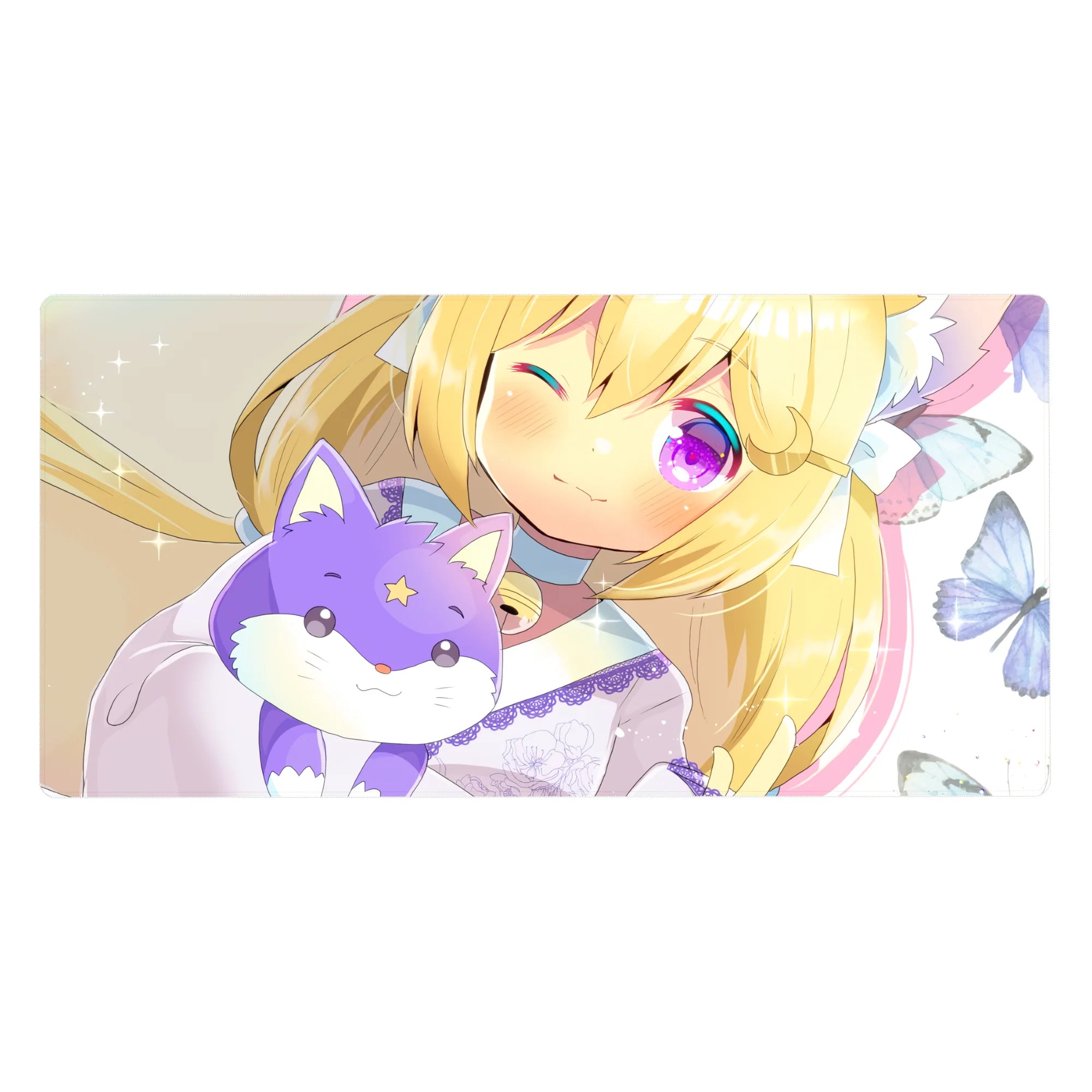 Anime girl desk pad 40x20 inches with blonde cat-ear cutie and lilac fox plush, butterflies and sparkles.