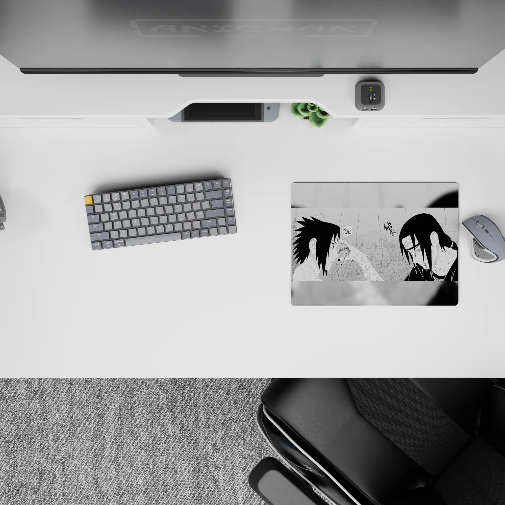 Black-and-white anime mouse pad 14x10 inches with rain-soaked, brutal manga mood and deep shadows.