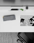 Black-and-white anime mouse pad 14x10 inches with rain-soaked, brutal manga mood and deep shadows.