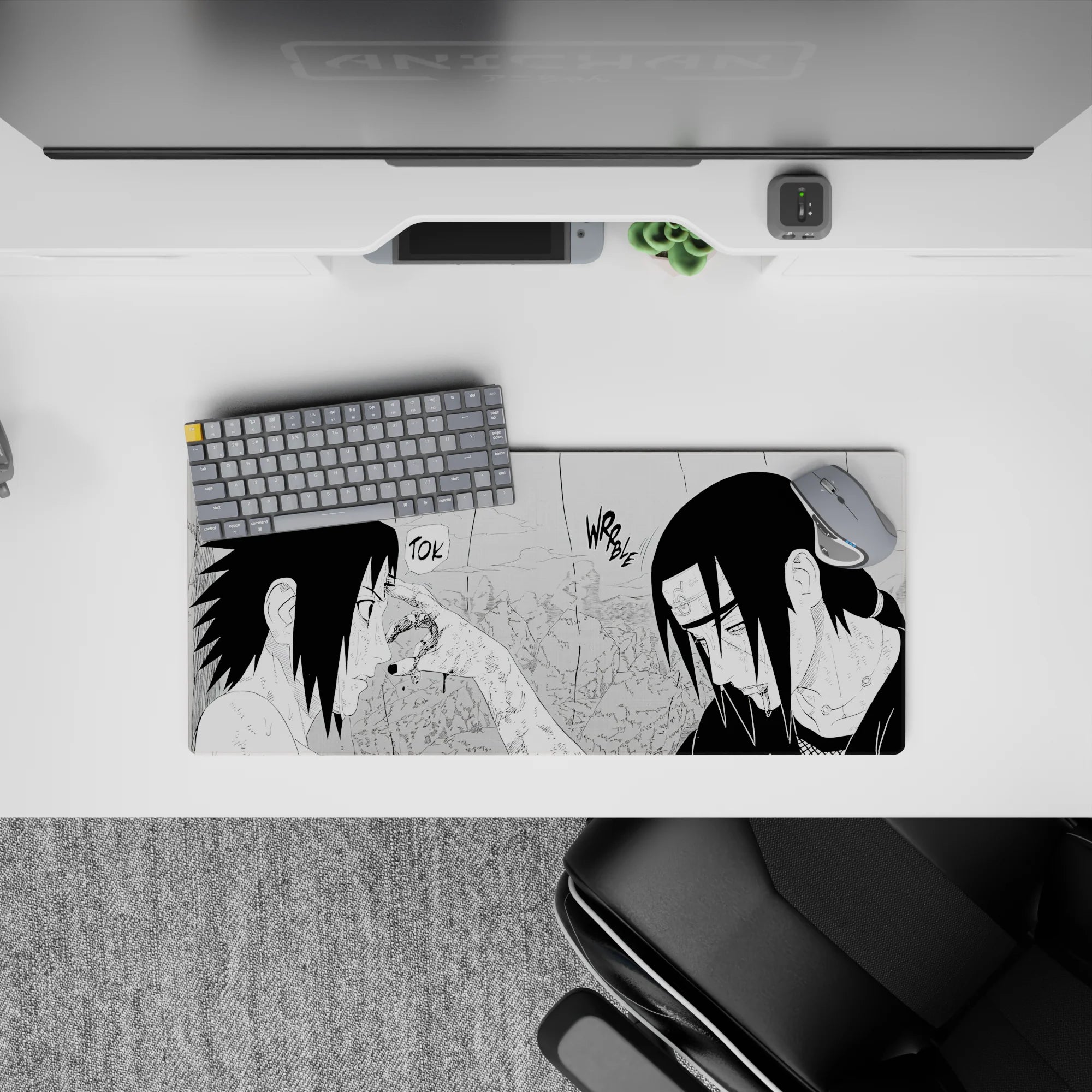 28x12 inches anime mouse pad in deep blacks and stark whites, rain-soaked mood and brutal tension.