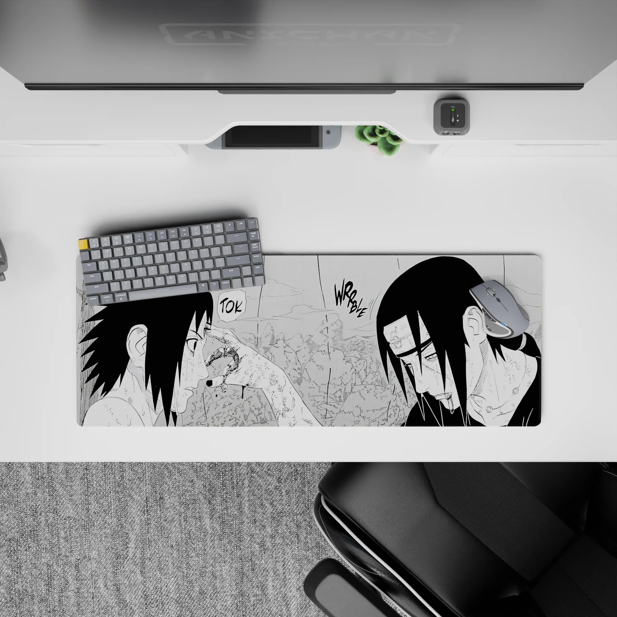 32x12 inches anime mouse pad in deep blacks and sharp whites, moody rain-soaked manga texture vibe.