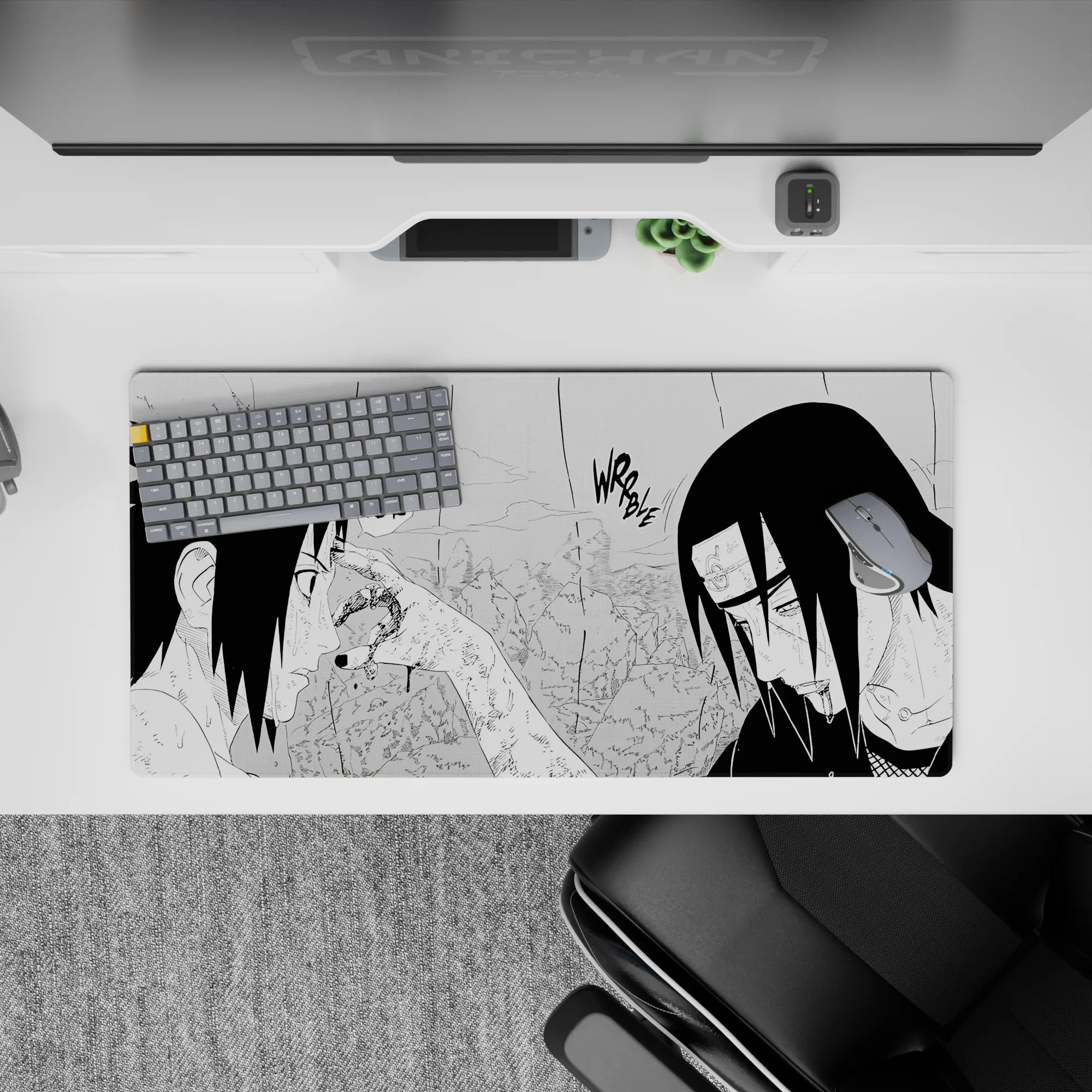 Black-and-white gritty rain-soaked anime mouse pad 32x16 inches with deep shadows and sharp highlights.