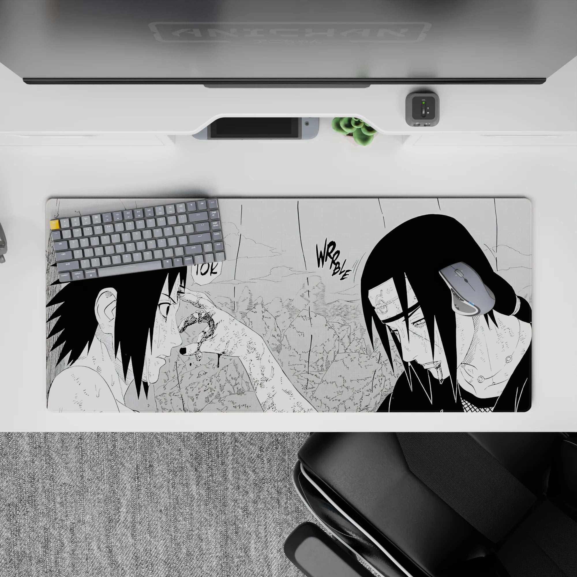 36x16 inches black-and-white anime desk pad, moody rain-soaked ink shadows with a loud TOK vibe.