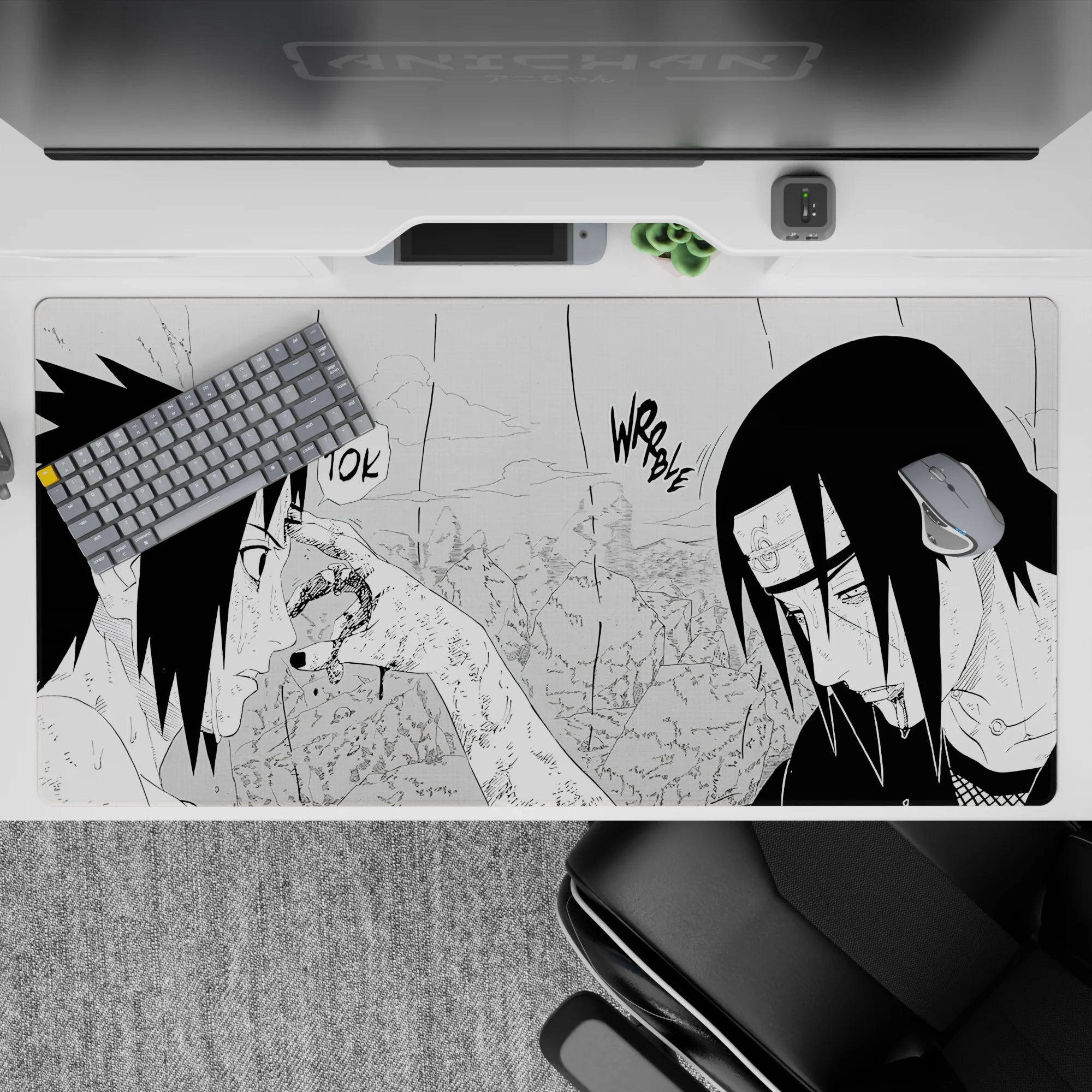 40x20 inches black-and-white manga desk pad, rain-streaked shadows and intense, moody high contrast.