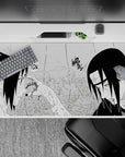 40x20 inches black-and-white manga desk pad, rain-streaked shadows and intense, moody high contrast.
