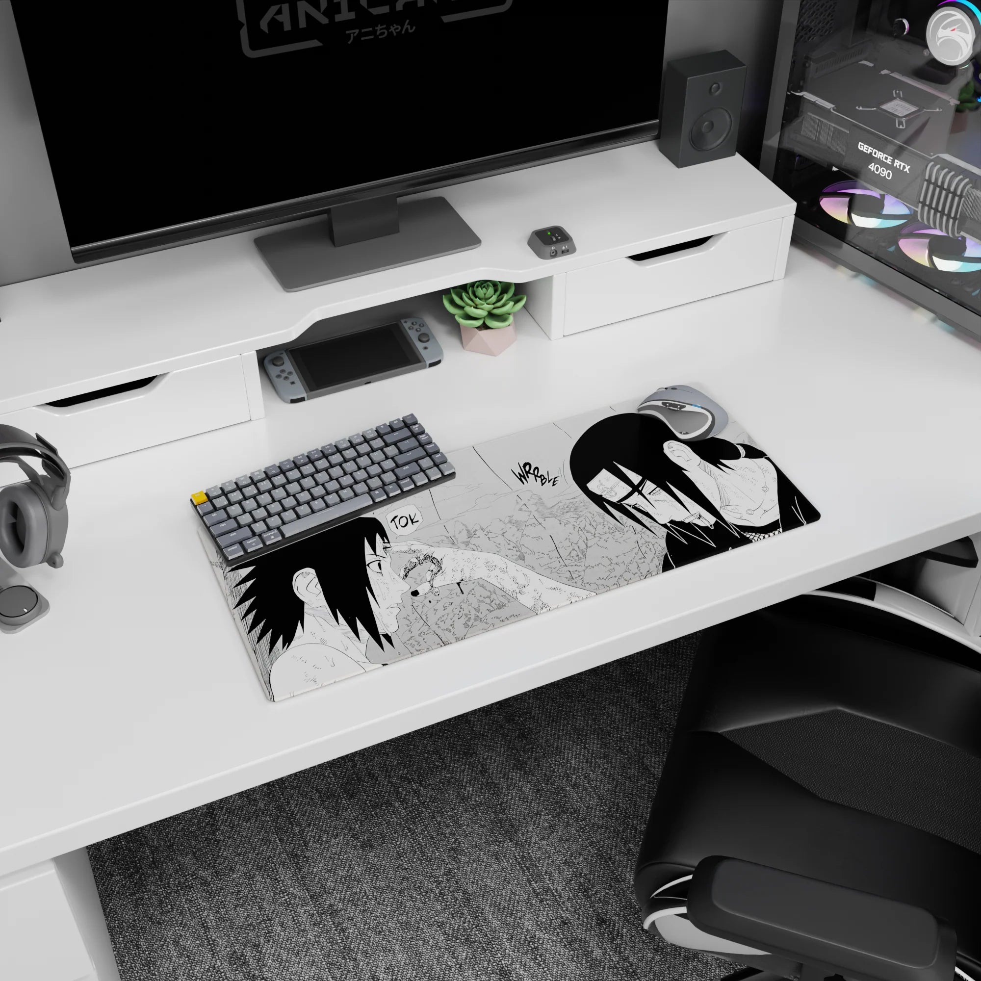 28x12 inches Naruto mouse pad showing Sasuke facing Itachi in the rain, TOK sound effect panel.