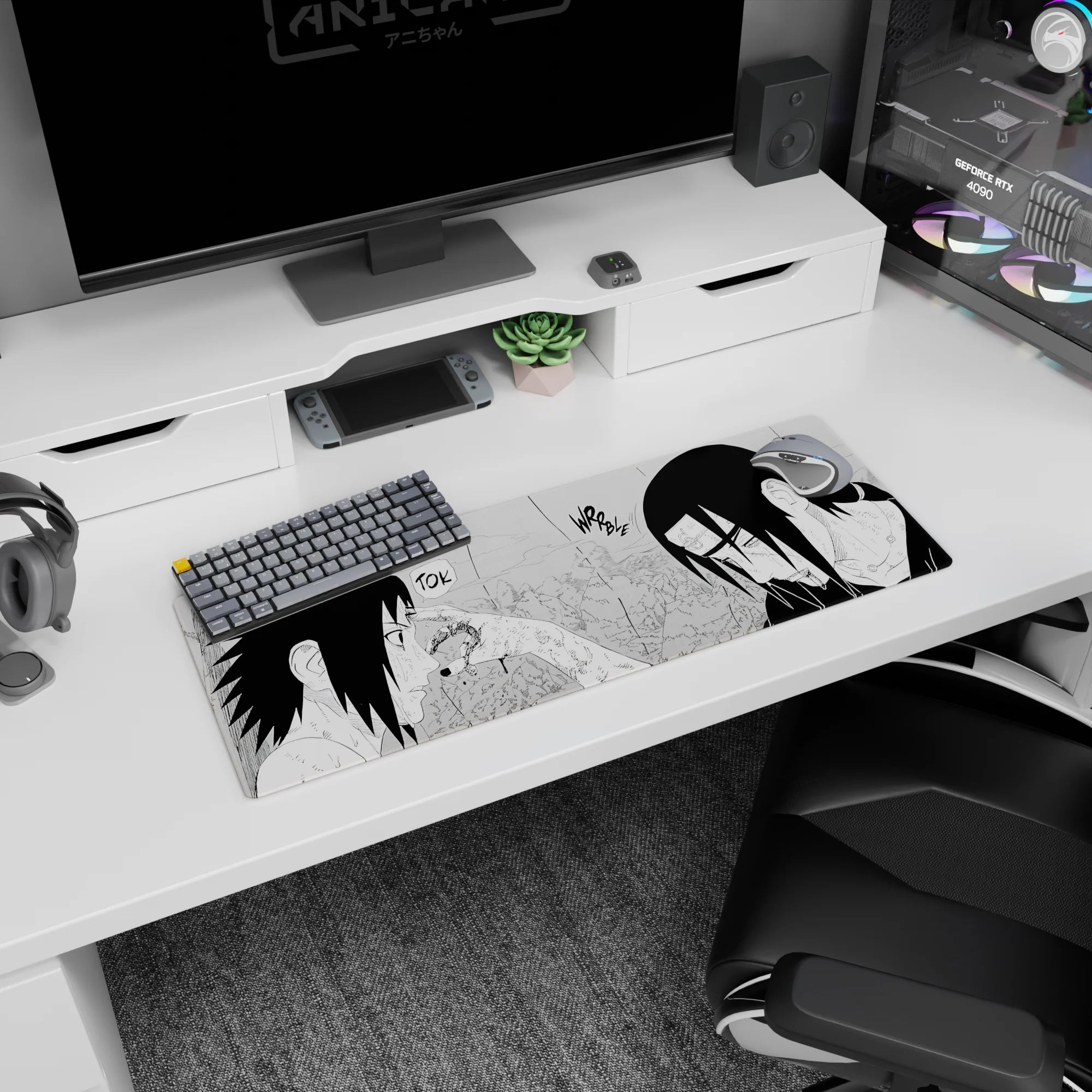 32x12 inches Naruto mouse pad showing Sasuke Uchiha facing Itachi, tense rainy manga standoff scene.