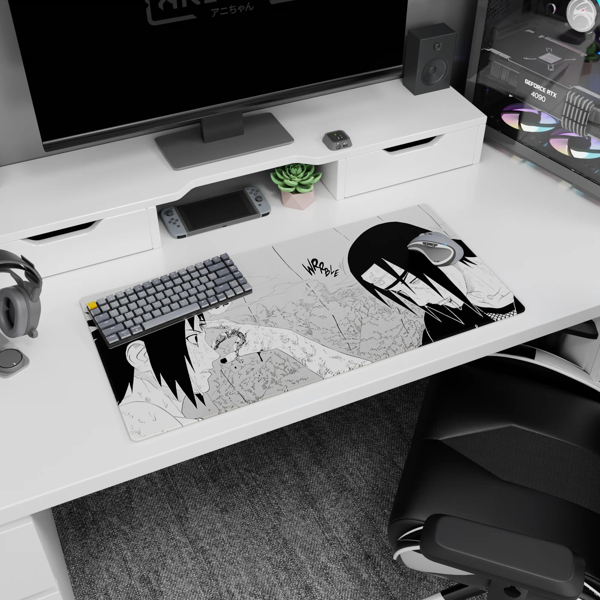 Sasuke Uchiha facing Itachi in the rain Naruto scene anime mouse pad 32x16 inches with TOK panel.