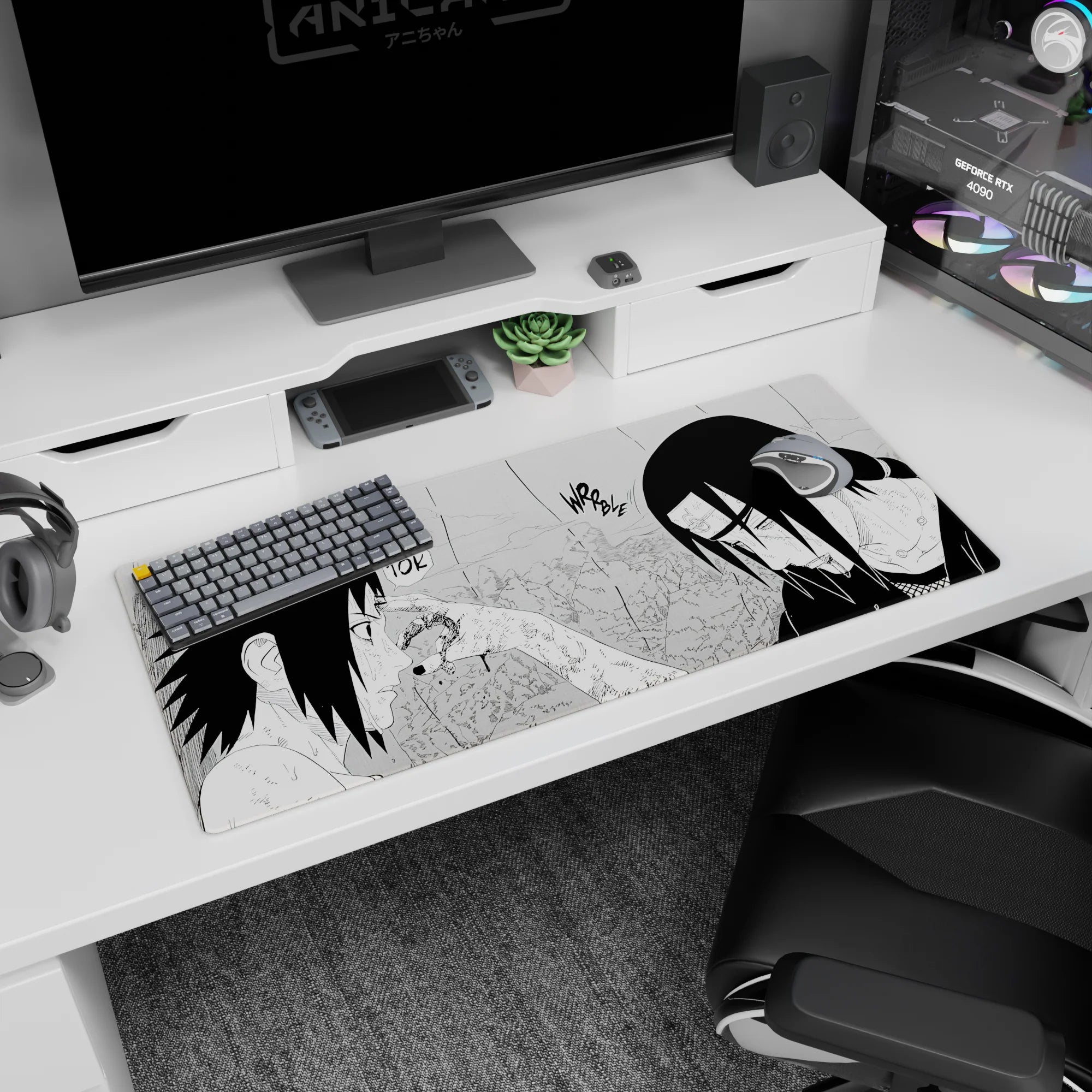 36x16 inches Naruto desk pad showing Sasuke Uchiha facing Itachi in a tense rain-sliced manga moment.