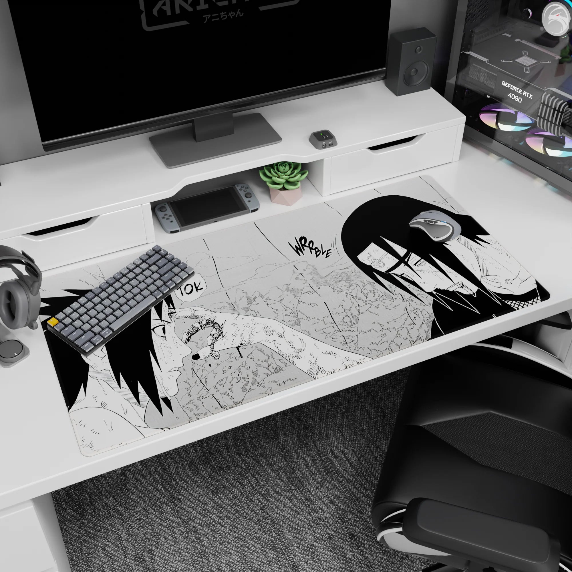 40x20 inches Naruto desk pad featuring Sasuke Uchiha facing Itachi, rain slashing across the panel.