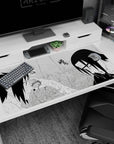 40x20 inches Naruto desk pad featuring Sasuke Uchiha facing Itachi, rain slashing across the panel.
