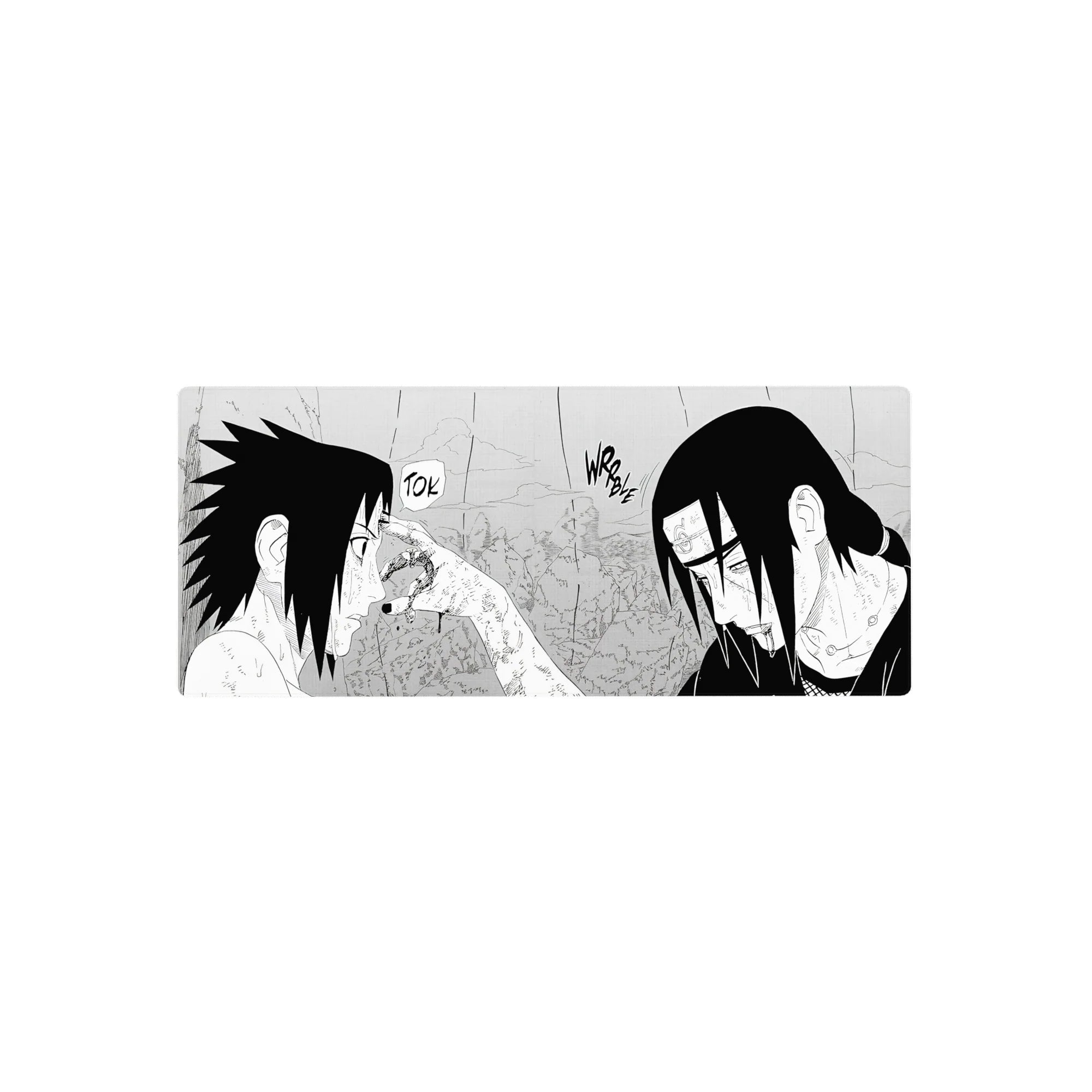 28x12 inches anime mouse pad with gritty Naruto manga panel, sharp ink lines and bold contrast.