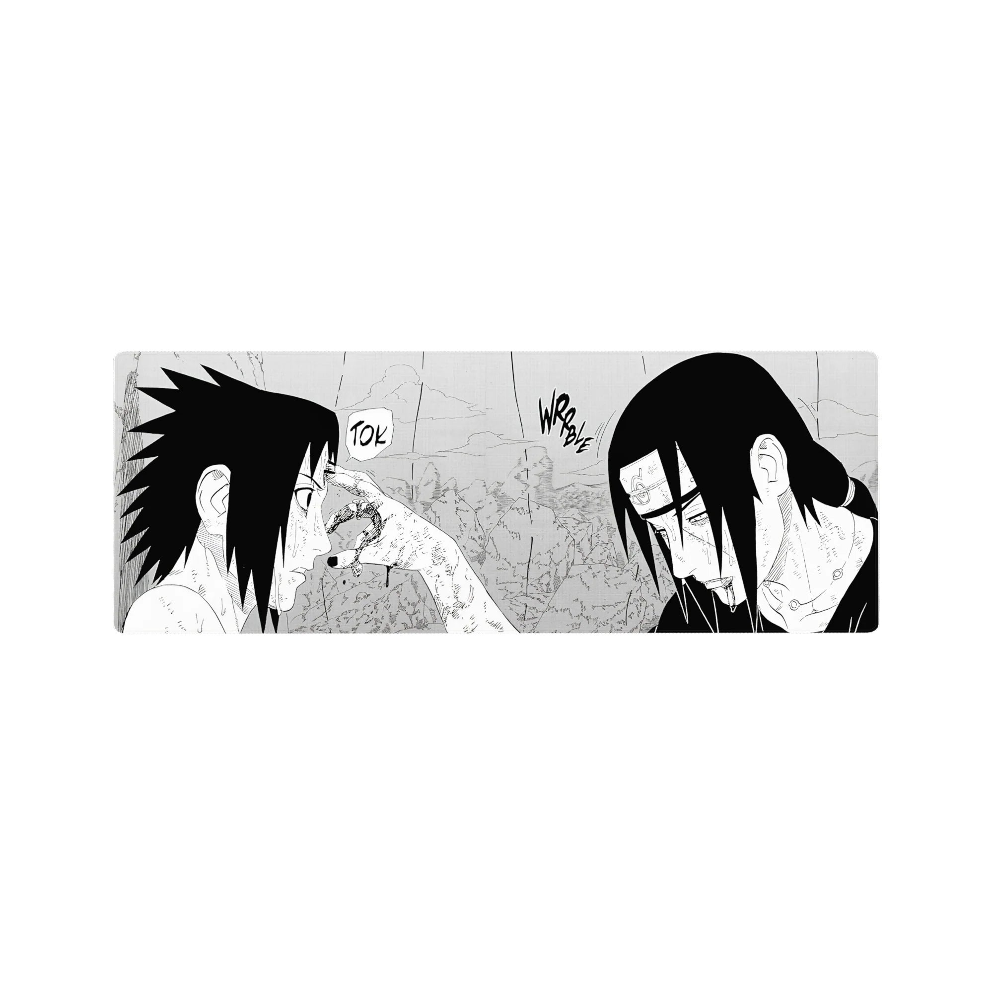 32x12 inches anime mouse pad with gritty manga panel look, rain streaks, bold ink shadows, sharp contrast.