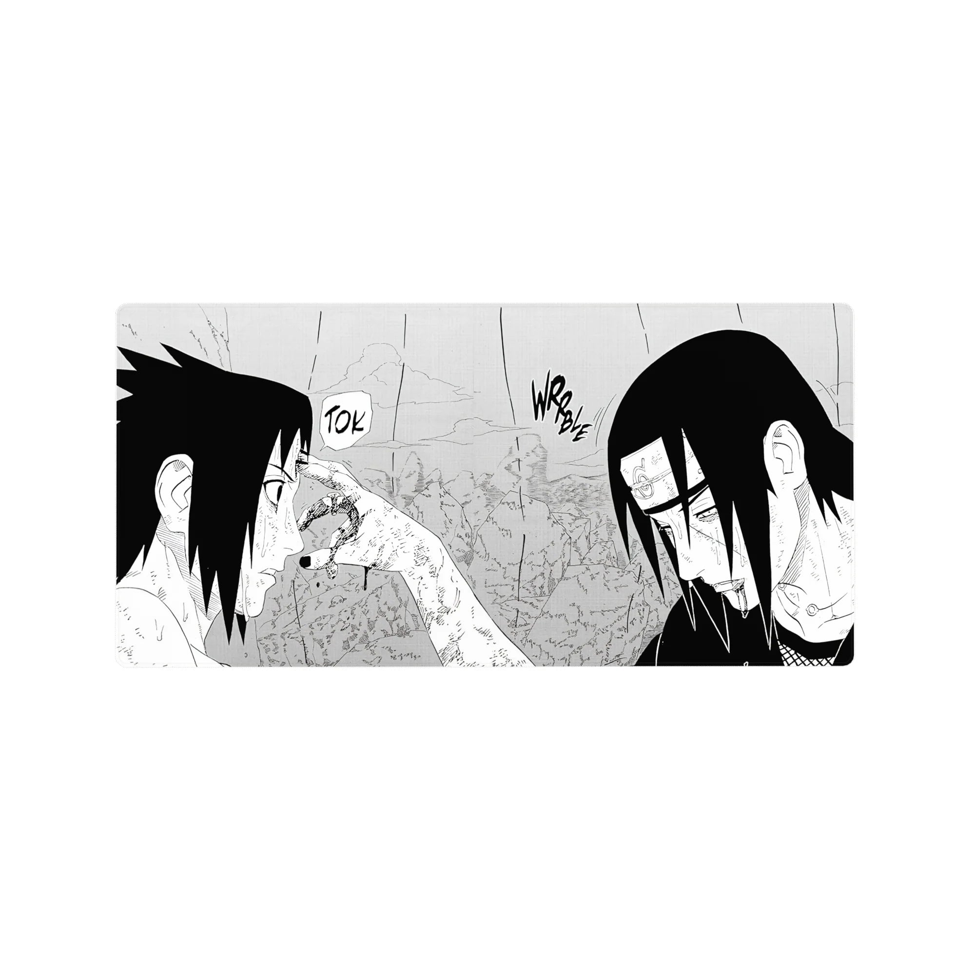 Naruto manga-style anime mouse pad 32x16 inches with Sasuke vs Itachi panel and bold ink detail.