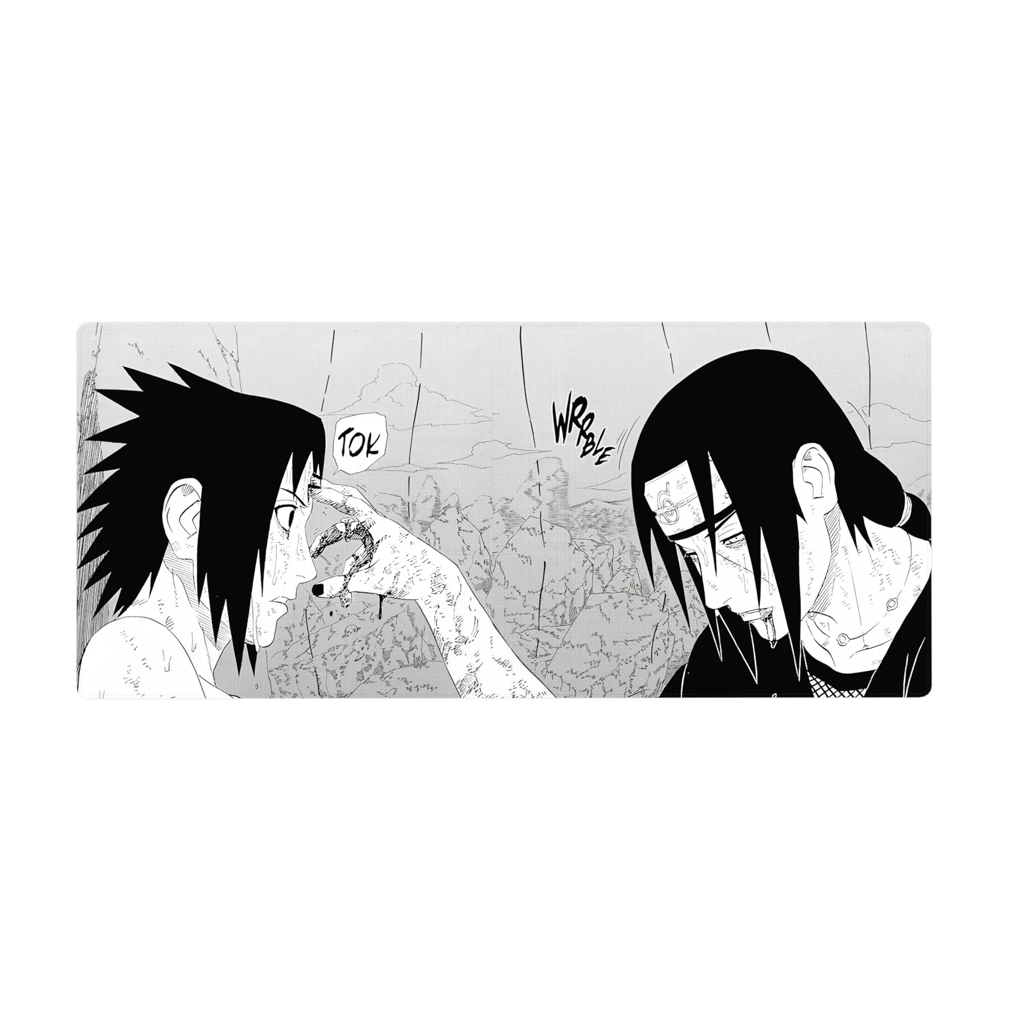 36x16 inches anime desk pad with gritty manga panel art, rain slashes, bold blacks and sharp whites.