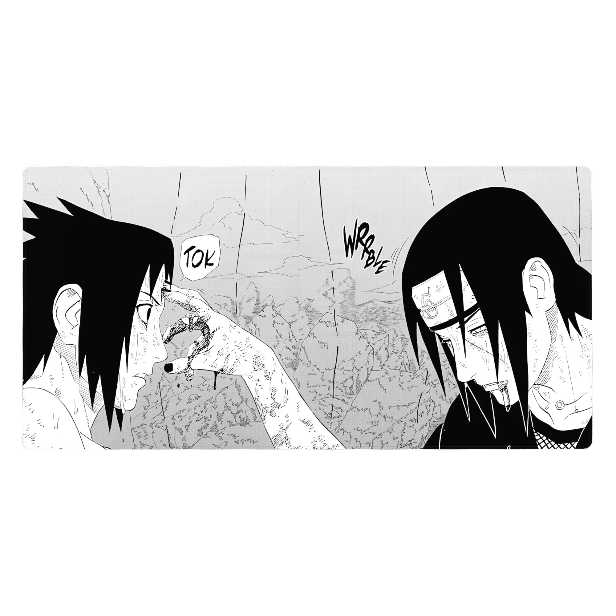 40x20 inches anime desk pad with gritty Naruto manga panel style, sharp ink lines and smooth glide surface.