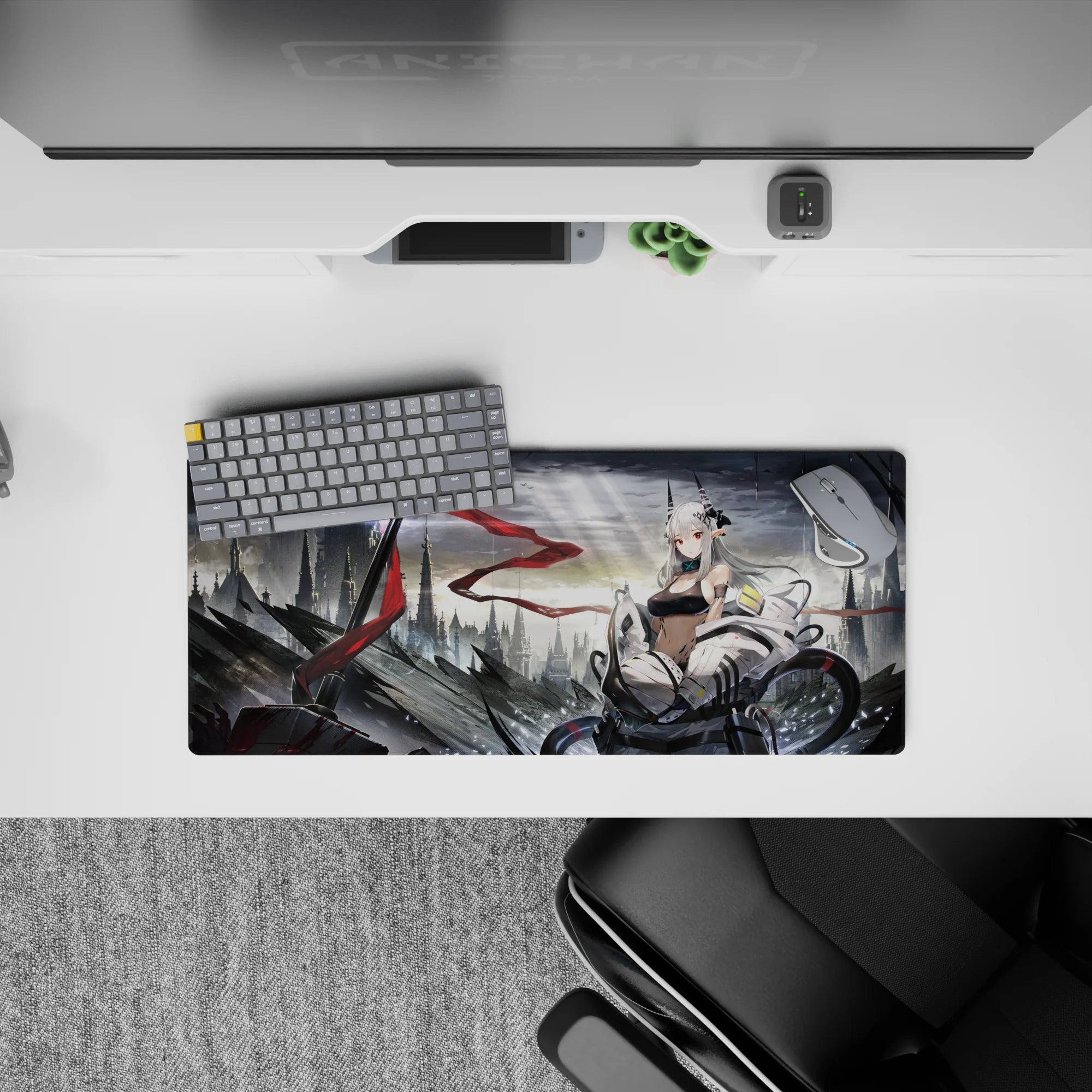 28x12 inches anime girl mouse pad in stormy grays with a vivid red ribbon accent, moody sci-fi vibe.