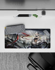 28x12 inches anime girl mouse pad in stormy grays with a vivid red ribbon accent, moody sci-fi vibe.