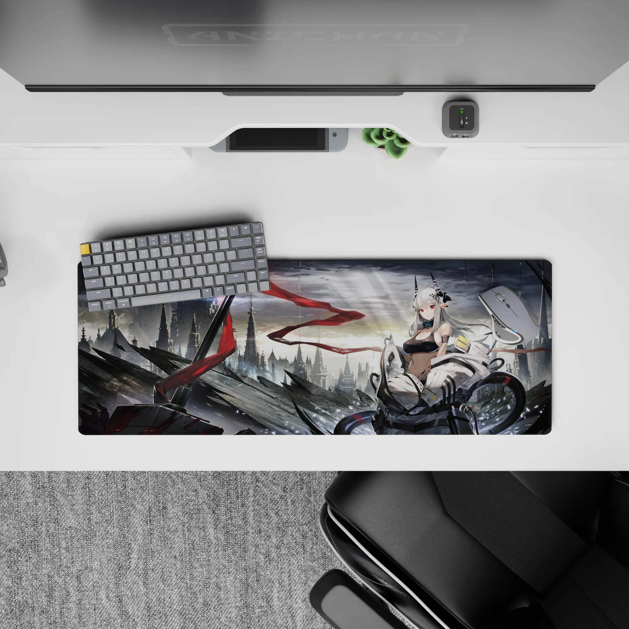 32x12 inches anime mouse pad in stormy gray tones with a bold red ribbon accent and soft yellow glow.
