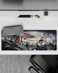 32x12 inches anime mouse pad in stormy gray tones with a bold red ribbon accent and soft yellow glow.