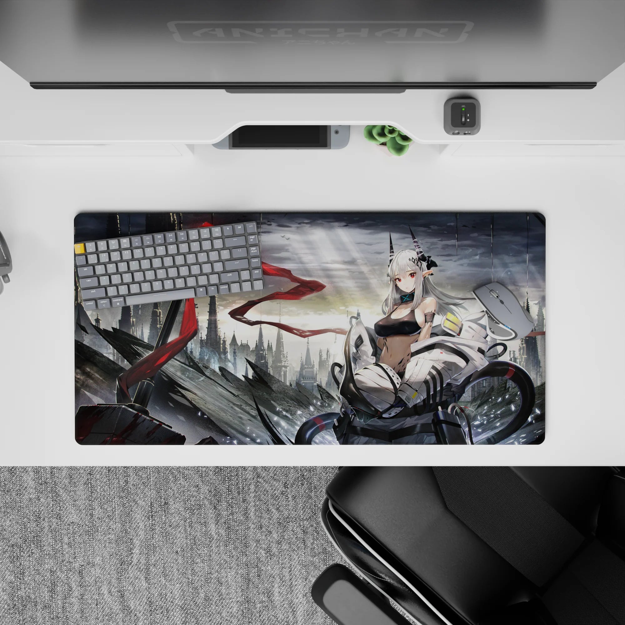 Stormy gray cyber city mood anime mouse pad 32x16 inches with silver hair and red streak highlights.