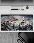 Stormy gray cyber city mood anime mouse pad 32x16 inches with silver hair and red streak highlights.