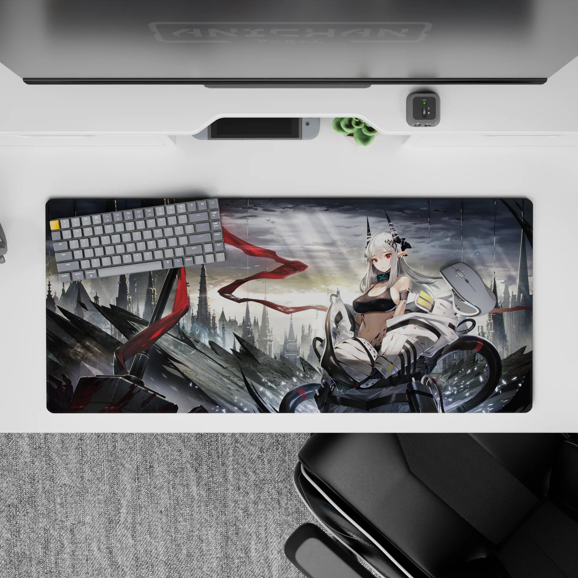 36x16 inches anime desk pad in stormy gray tones with a bold red ribbon and soft yellow mech lights.