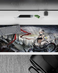 36x16 inches anime desk pad in stormy gray tones with a bold red ribbon and soft yellow mech lights.