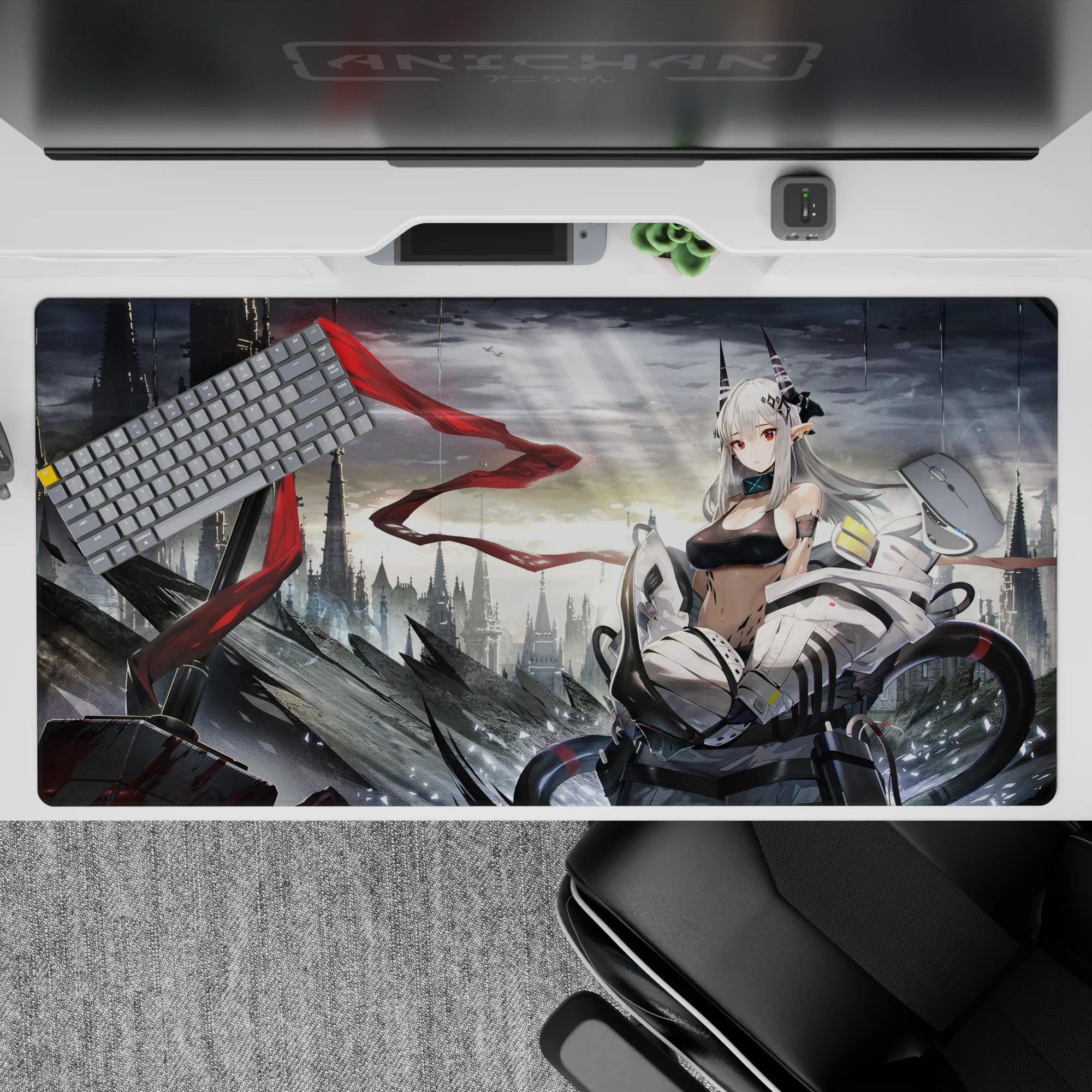 Stormy gray sci-fi desk pad 40x20 inches with silver hair heroine, black top, white armor, red accent.