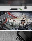 Stormy gray sci-fi desk pad 40x20 inches with silver hair heroine, black top, white armor, red accent.