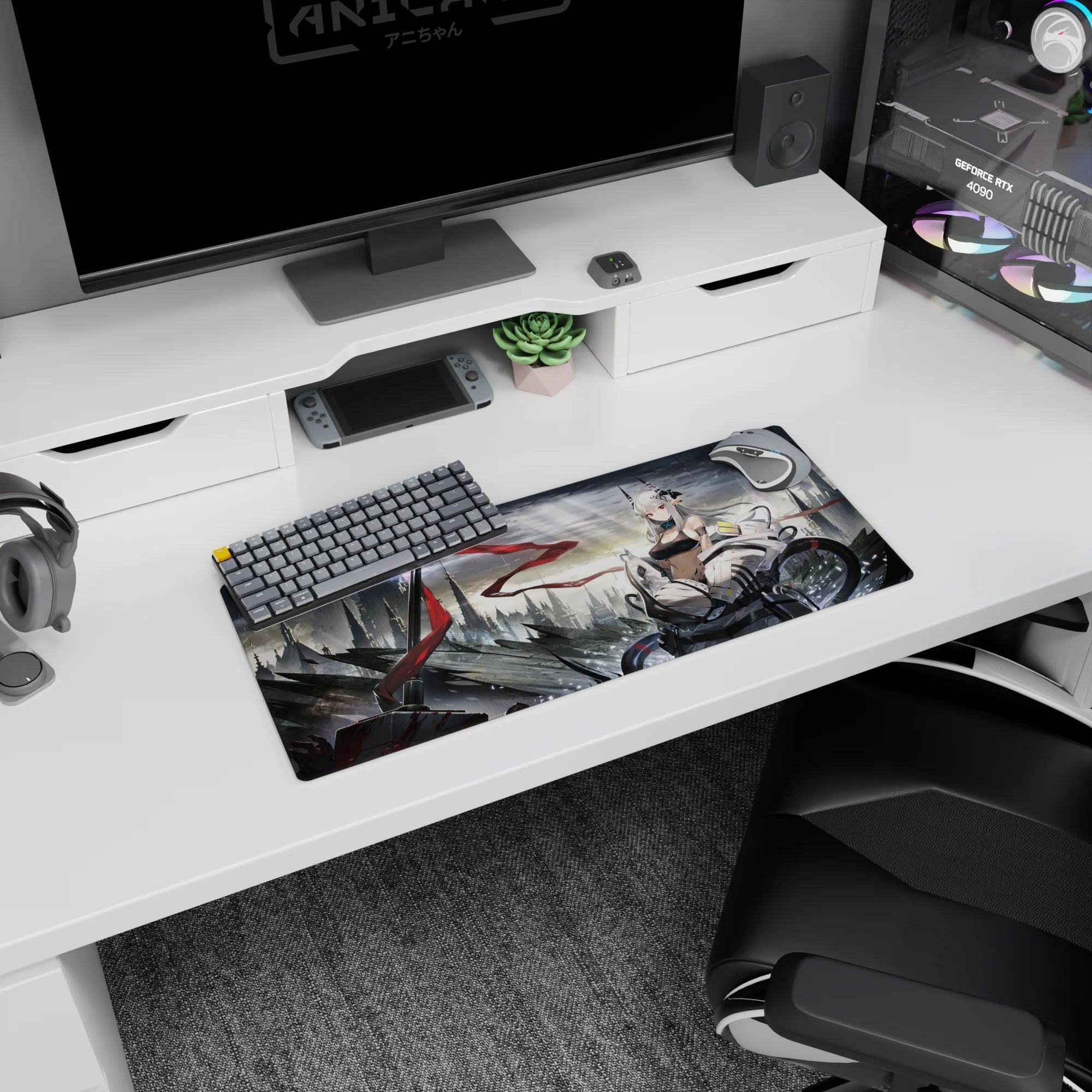 28x12 inches anime girl mouse pad showing a silver-haired horned heroine in white mech armor on a rooftop.