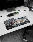 28x12 inches anime girl mouse pad showing a silver-haired horned heroine in white mech armor on a rooftop.