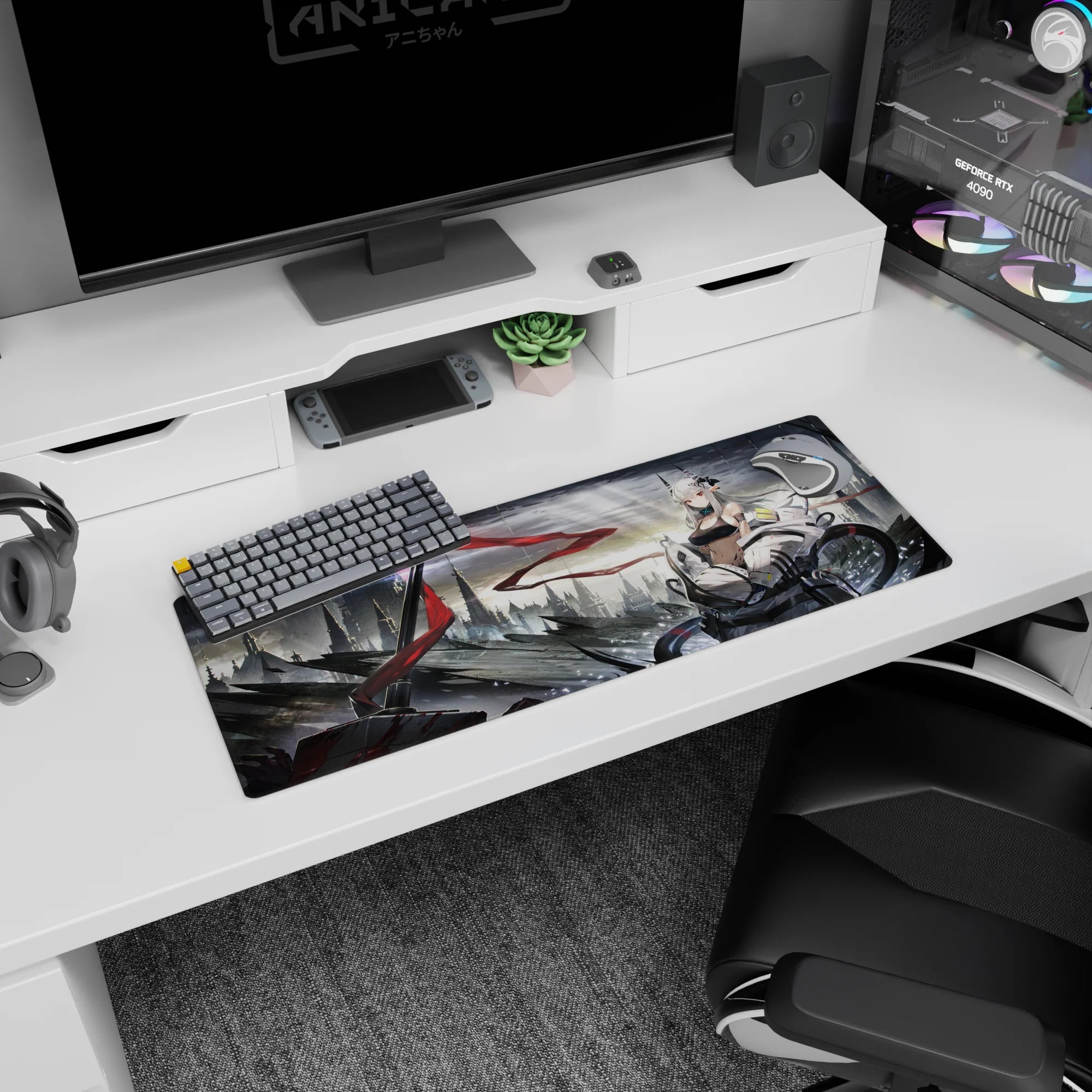 32x12 inches extended mouse pad showing a horned silver-haired anime girl on a cyber rooftop in mech armor.