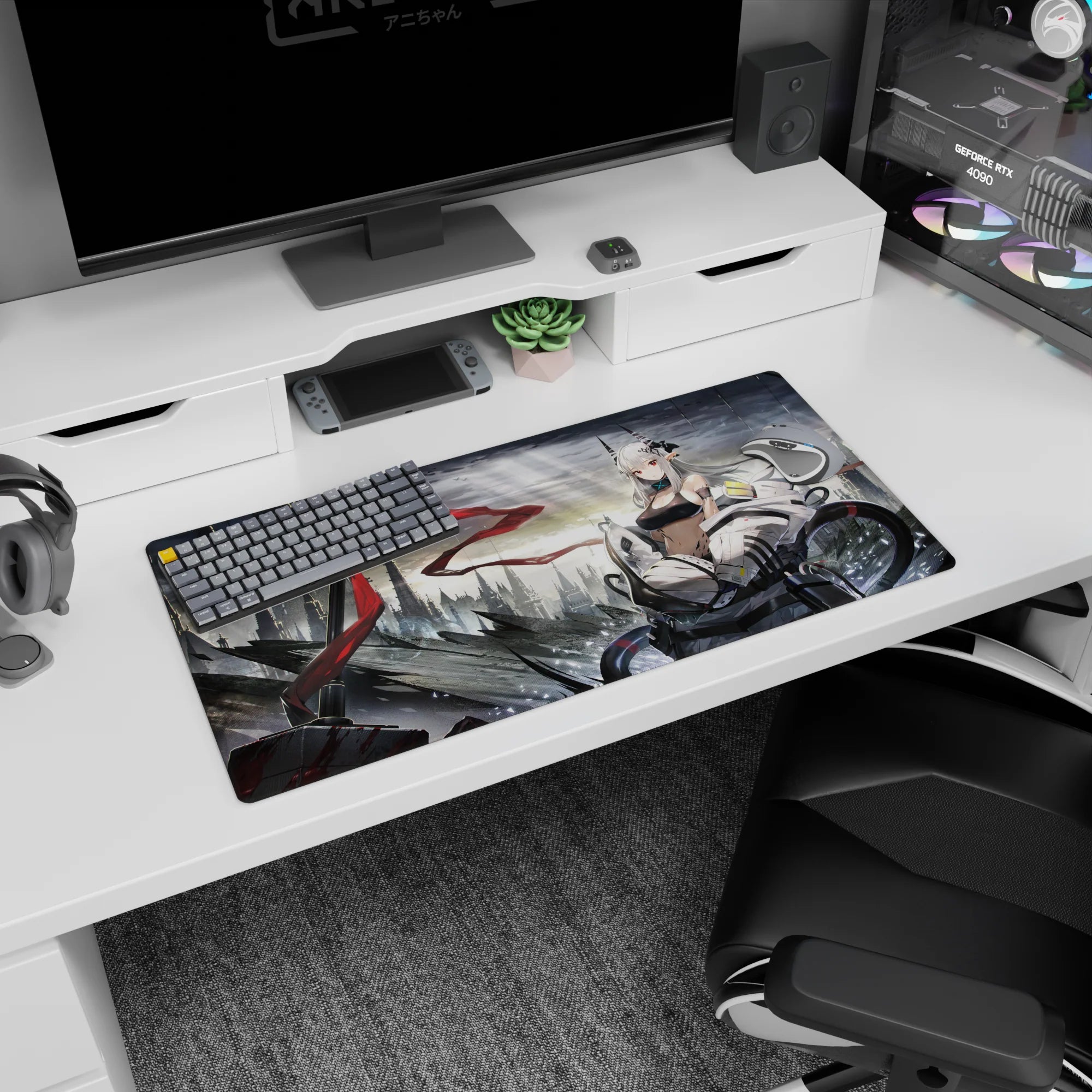 Sci-fi anime heroine with silver hair, small horns, black top, and white mech armor mouse pad 32x16 inches.