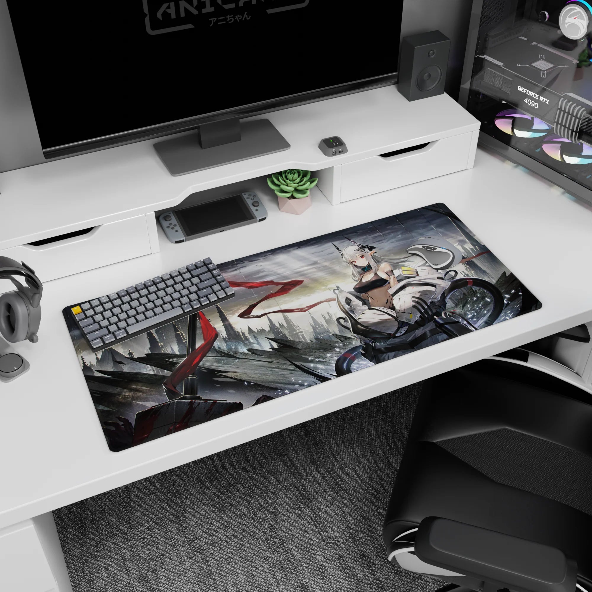36x16 inches gaming mouse pad showing a horned silver-haired anime heroine on a cyber rooftop city scene.