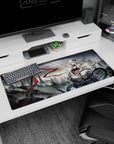 36x16 inches gaming mouse pad showing a horned silver-haired anime heroine on a cyber rooftop city scene.