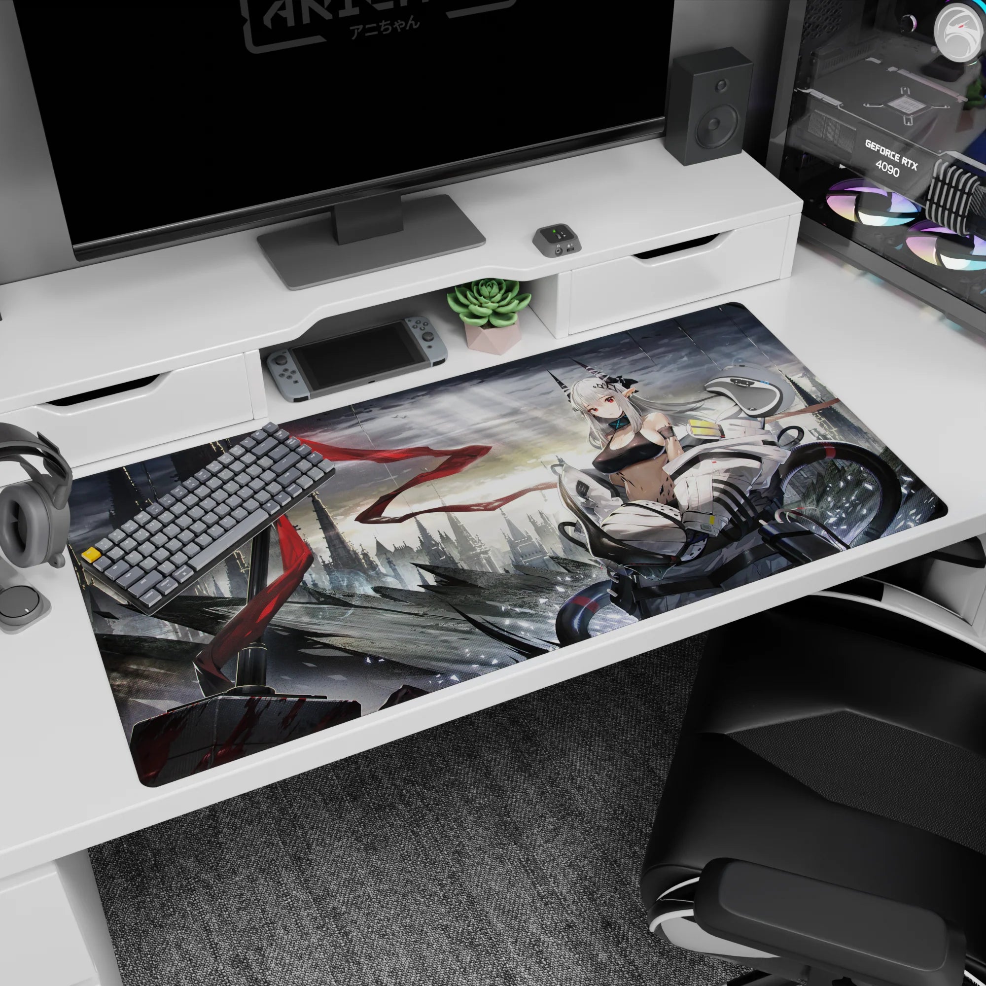 Silver-haired horned anime heroine on rooftop skyline desk pad 40x20 inches in white mech armor.